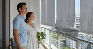 A Singaporean couple deciding on repair vs replacement what to do for their Zipscreen blinds, consulting ministry of blind experts