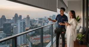 Asian homeowner discussing how long does Zipscreen™ installation take with a professional installer from ministry of blind on a modern balcony