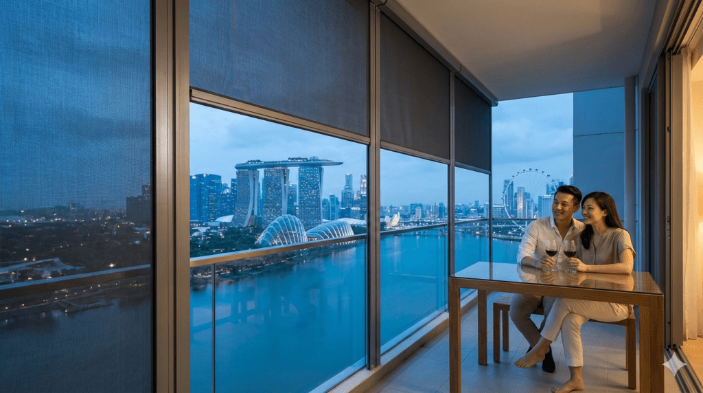 Premium Zipscreen™ balcony blinds installation in a Singapore high-rise condo by Thrivemediasg, providing wind and rain protection.