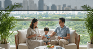 Happy Asian family relaxing on a balcony with Zipscreen™ blinds maintained by ministry of blind