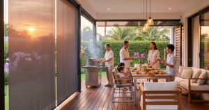 Modern Singapore landed home alfresco dining area featuring Ministry of blind Zipscreen blinds protecting an Asian family during a BBQ dinner.