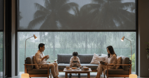 Modern Singapore landed home patio protected by Ministry of blind Zipscreen blinds, keeping an Asian family dry during heavy rain.