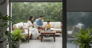 Modern landed home patio in Singapore furnished with Zipscreen™ blinds by Ministry of blind, protecting an Asian family from rain.