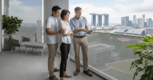 Asian couple discussing Zipscreen balcony blinds installation on a high-rise Singapore condo balcony, avoiding common condo installation mistakes with expert advice from Ministry of Blind