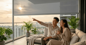 Asian couple enjoying a clean balcony with Thrivemediasg Zipscreen blinds, illustrating low maintenance benefits