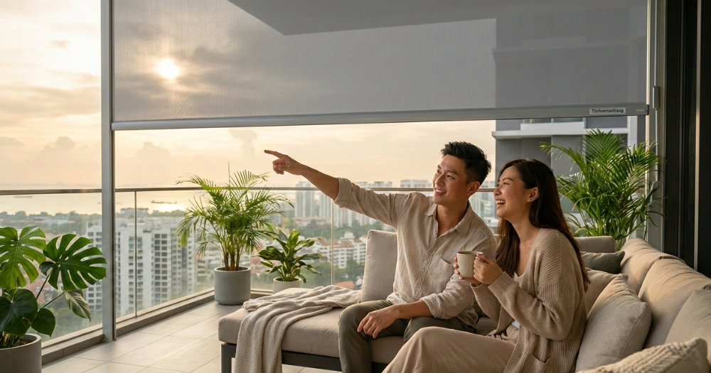 Asian couple enjoying a clean balcony with Thrivemediasg Zipscreen blinds, illustrating low maintenance benefits