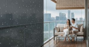 Premium Zipscreen™ vs traditional outdoor roller blinds installation by Ministry of Blind, providing 100% weather protection for Singapore balconies.
