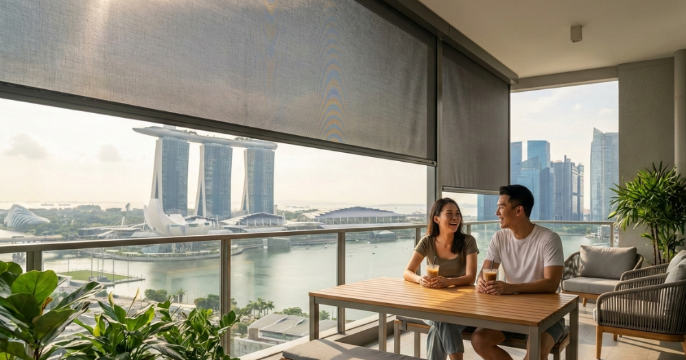 High-quality Zipscreen balcony blinds installed in a Singapore condo by Thrivemediasg to protect against rain and UV