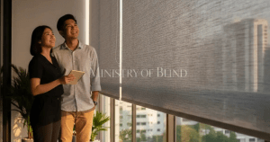 Asian couple enjoying balcony with Zipscreen™ fabric types explained by Ministry of Blind for heat protection