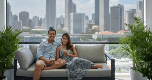 Asian couple enjoying cool balcony with effective UV protection and heat reduction levels installed by Ministry of Blind