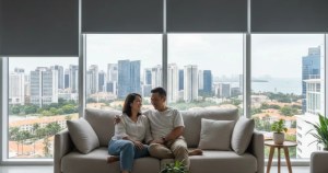 Asian couple relaxing in Singapore home with premium Blackout Roller Blinds by Ministry of Blind