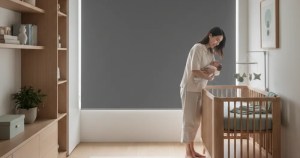 Asian mother putting baby to sleep in a nursery with Ministry of Blind premium blackout roller blinds installed