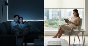 Side-by-side comparison of Blackout and Sunscreen roller blinds in a modern Singapore living room, featuring Ministry of blind branding