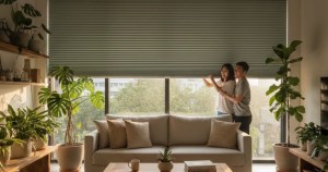 Asian couple adjusting eco-friendly roller blinds in a modern Singapore living room with Ministry of blind branding