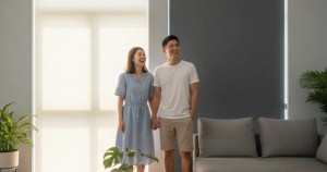 Asian couple comparing Fabric vs PVC roller blinds in a modern Singapore living room, featuring Ministry Of Blind branding