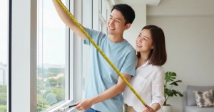 Couple measuring HDB window for Ministry of Blind blackout roller blinds using a tape measure