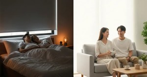 Split view of Asian couple enjoying blackout roller blinds in bedroom and sunscreen roller blinds in living room by Ministry of blind