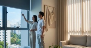 Couple comparing Ministry of Blind roller blinds and curtains for light control in a Singapore living room