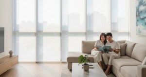 Modern Singapore living room with sheer roller blinds installed by Ministry of blind for soft natural lighting