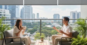 Modern balcony roller blinds installation by Ministry of Blind Singapore protecting an Asian family from sun and rain