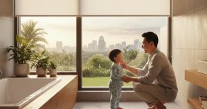 Ministry of Blind's expert demonstrates safe, cordless bathroom roller blinds in a Singaporean home – part of our comprehensive Bathroom Roller Blinds Safety Guide