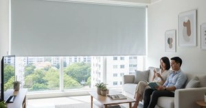 Modern Singapore living room with Ministry of blind thermal roller blinds blocking West sun heat