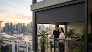 MinistryofBlind Zipscreen vs Ziptrak side-channel engineering comparison for Singapore high-rise balcony blinds with Asian couple on modern condo balcony at sunset